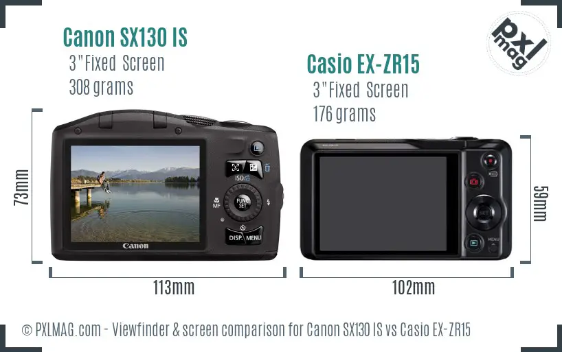 Canon SX130 IS vs Casio EX-ZR15 Screen and Viewfinder comparison