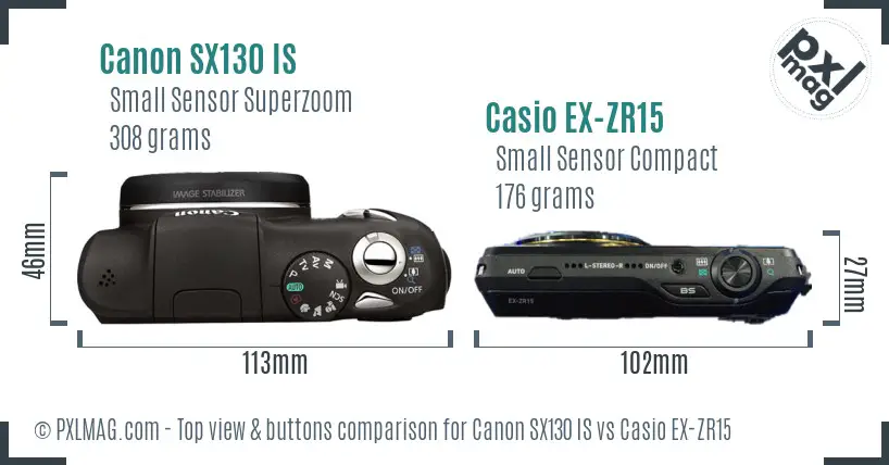 Canon SX130 IS vs Casio EX-ZR15 top view buttons comparison