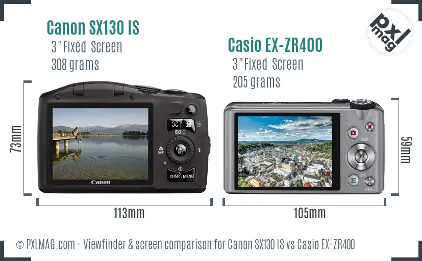 Canon SX130 IS vs Casio EX-ZR400 Screen and Viewfinder comparison