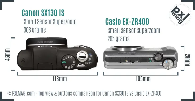 Canon SX130 IS vs Casio EX-ZR400 top view buttons comparison