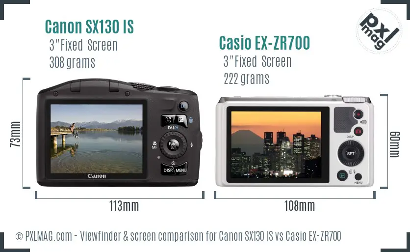 Canon SX130 IS vs Casio EX-ZR700 Screen and Viewfinder comparison