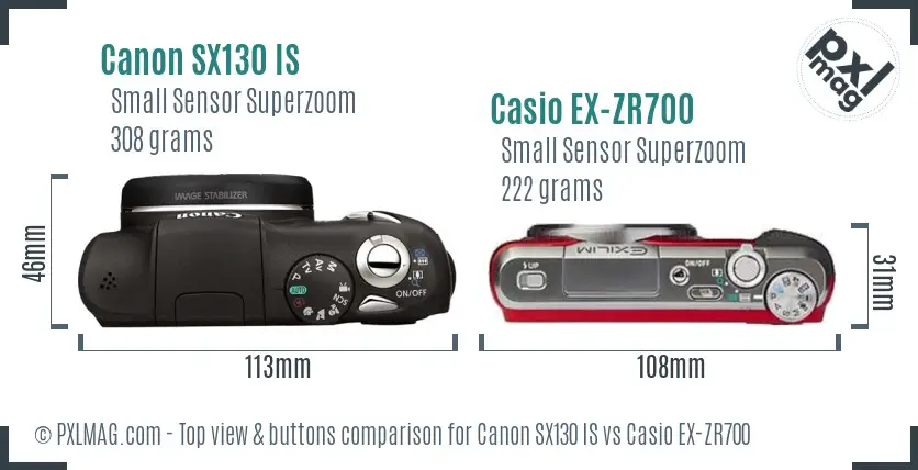 Canon SX130 IS vs Casio EX-ZR700 top view buttons comparison