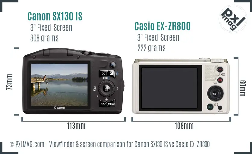 Canon SX130 IS vs Casio EX-ZR800 Screen and Viewfinder comparison
