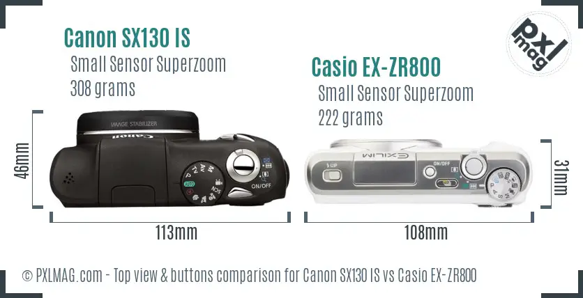Canon SX130 IS vs Casio EX-ZR800 top view buttons comparison