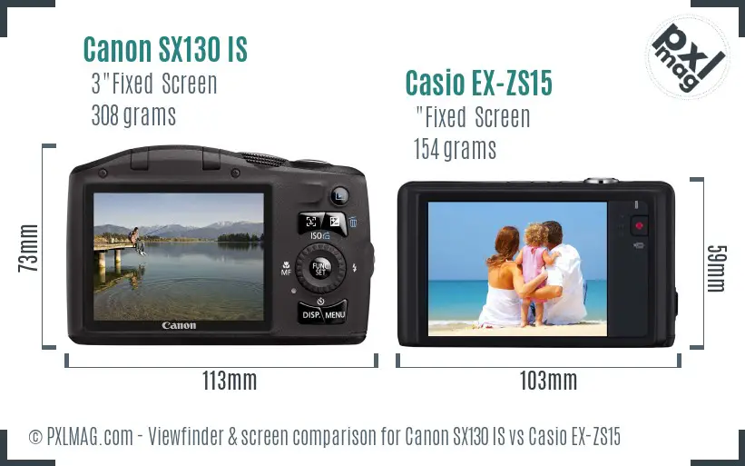 Canon SX130 IS vs Casio EX-ZS15 Screen and Viewfinder comparison