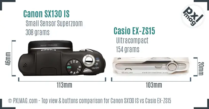 Canon SX130 IS vs Casio EX-ZS15 top view buttons comparison