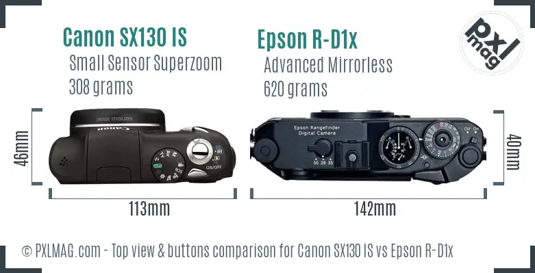 Canon SX130 IS vs Epson R-D1x top view buttons comparison Canon SX130 IS vs Epson R-D1x top view buttons comparison