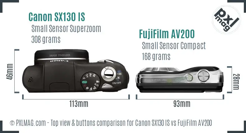 Canon SX130 IS vs FujiFilm AV200 top view buttons comparison