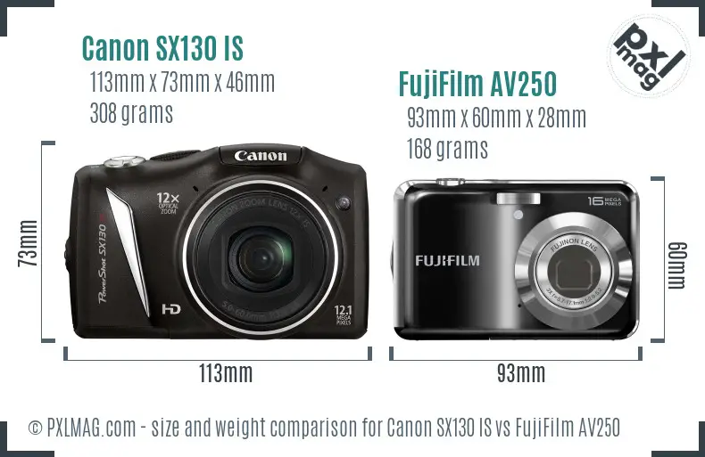 Canon SX130 IS vs FujiFilm AV250 size comparison