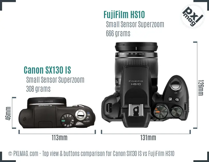 Canon SX130 IS vs FujiFilm HS10 top view buttons comparison