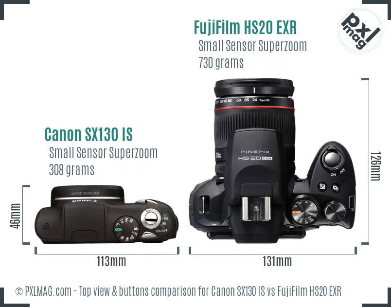 Canon SX130 IS vs FujiFilm HS20 EXR top view buttons comparison