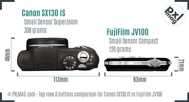 Canon SX130 IS vs FujiFilm JV100 top view buttons comparison