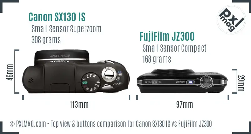 Canon SX130 IS vs FujiFilm JZ300 top view buttons comparison