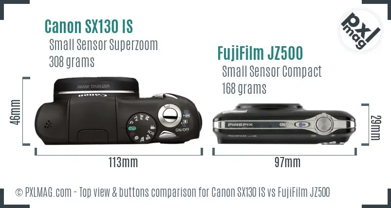 Canon SX130 IS vs FujiFilm JZ500 top view buttons comparison