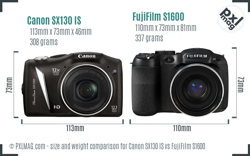 Canon SX130 IS vs FujiFilm S1600 size comparison