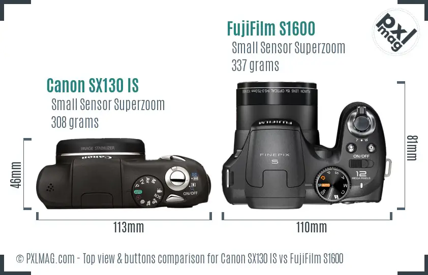 Canon SX130 IS vs FujiFilm S1600 top view buttons comparison