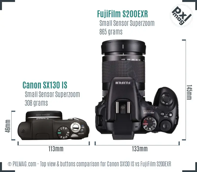 Canon SX130 IS vs FujiFilm S200EXR top view buttons comparison