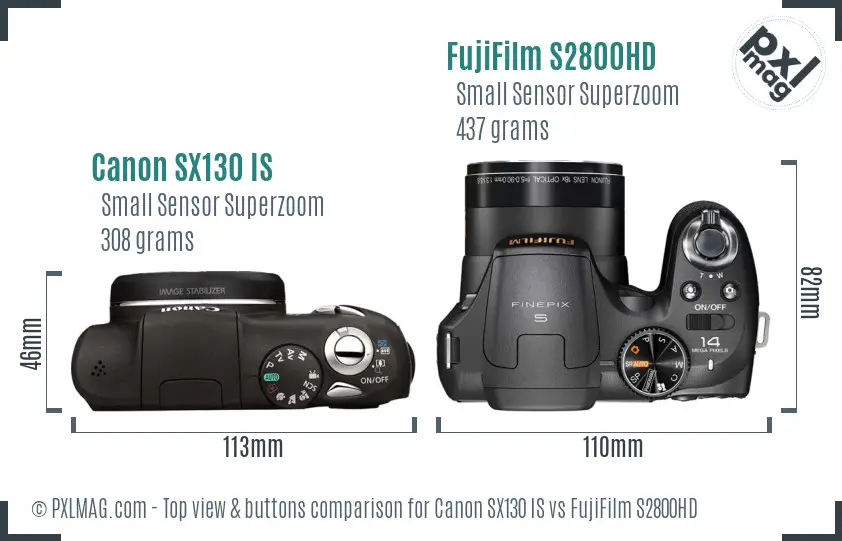 Canon SX130 IS vs FujiFilm S2800HD top view buttons comparison