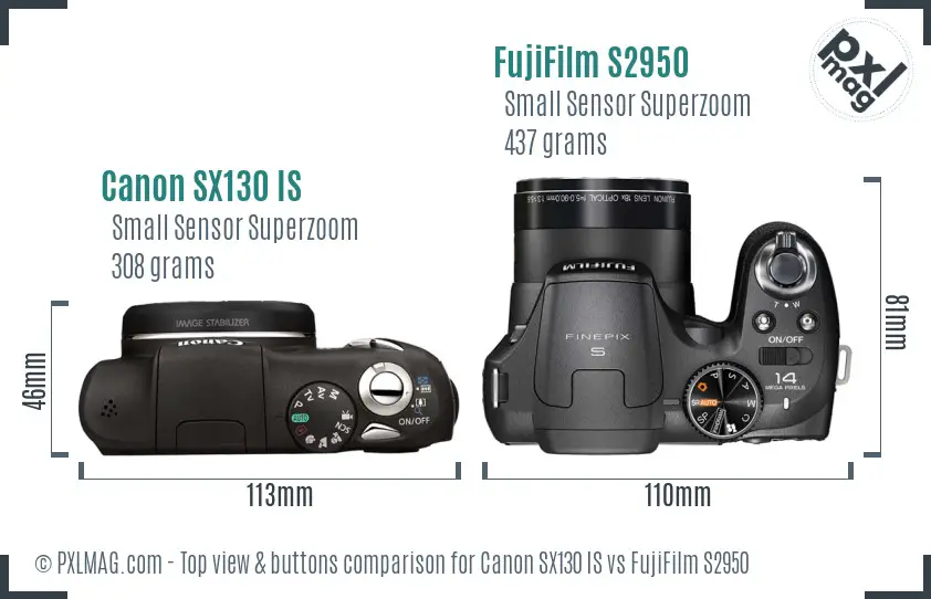 Canon SX130 IS vs FujiFilm S2950 top view buttons comparison