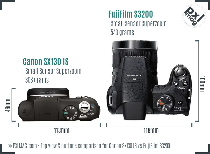 Canon SX130 IS vs FujiFilm S3200 top view buttons comparison
