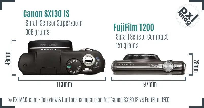 Canon SX130 IS vs FujiFilm T200 top view buttons comparison