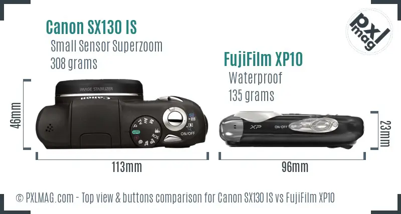 Canon SX130 IS vs FujiFilm XP10 top view buttons comparison