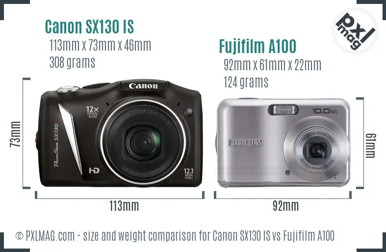 Canon SX130 IS vs Fujifilm A100 size comparison