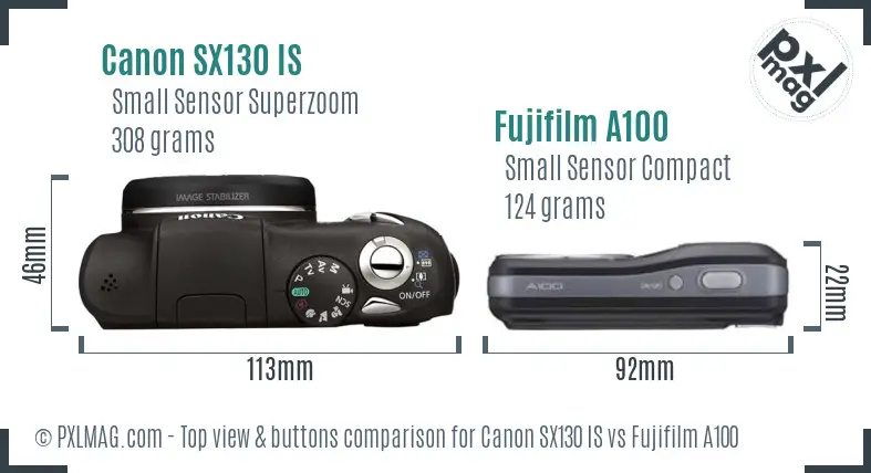 Canon SX130 IS vs Fujifilm A100 top view buttons comparison