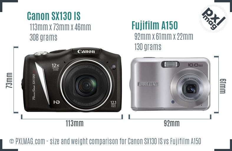 Canon SX130 IS vs Fujifilm A150 size comparison