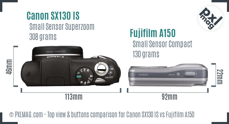 Canon SX130 IS vs Fujifilm A150 top view buttons comparison