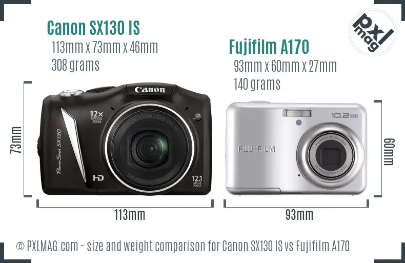 Canon SX130 IS vs Fujifilm A170 size comparison