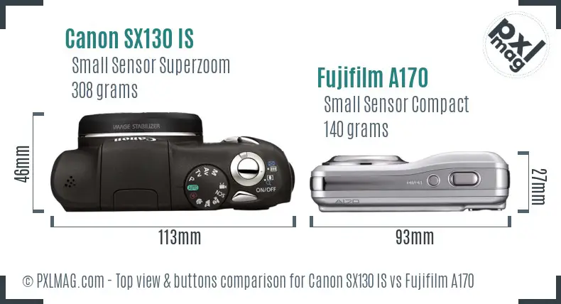 Canon SX130 IS vs Fujifilm A170 top view buttons comparison