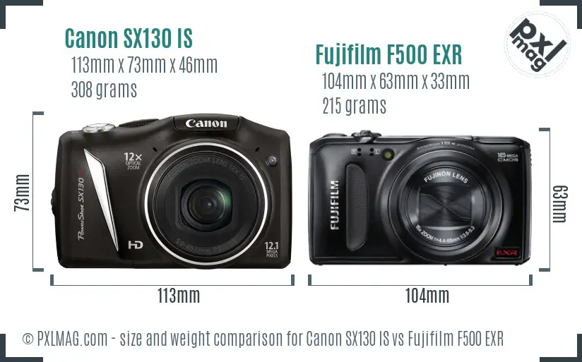 Canon SX130 IS vs Fujifilm F500 EXR size comparison