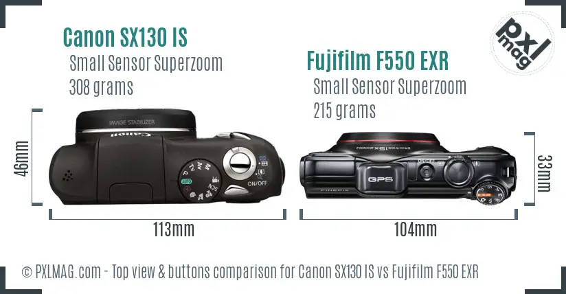 Canon SX130 IS vs Fujifilm F550 EXR top view buttons comparison Canon SX130 IS vs Fujifilm F550 EXR top view buttons comparison