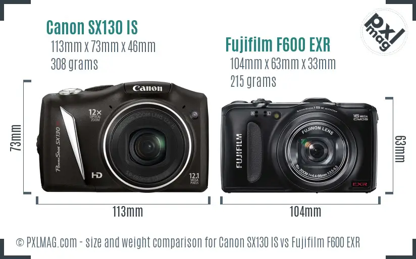 Canon SX130 IS vs Fujifilm F600 EXR size comparison