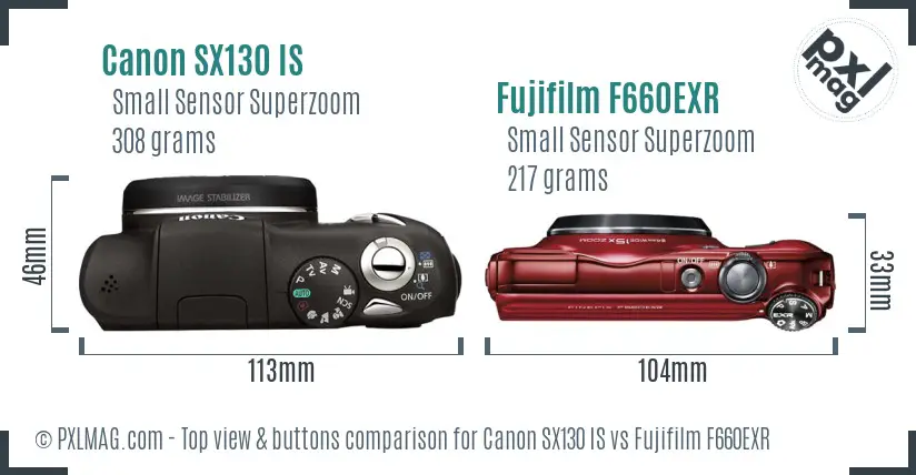 Canon SX130 IS vs Fujifilm F660EXR top view buttons comparison Canon SX130 IS vs Fujifilm F660EXR top view buttons comparison