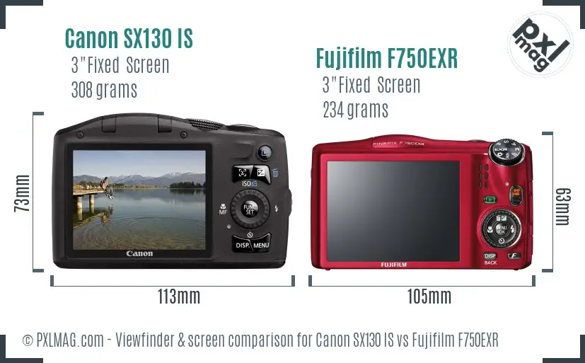 Canon SX130 IS vs Fujifilm F750EXR Screen and Viewfinder comparison