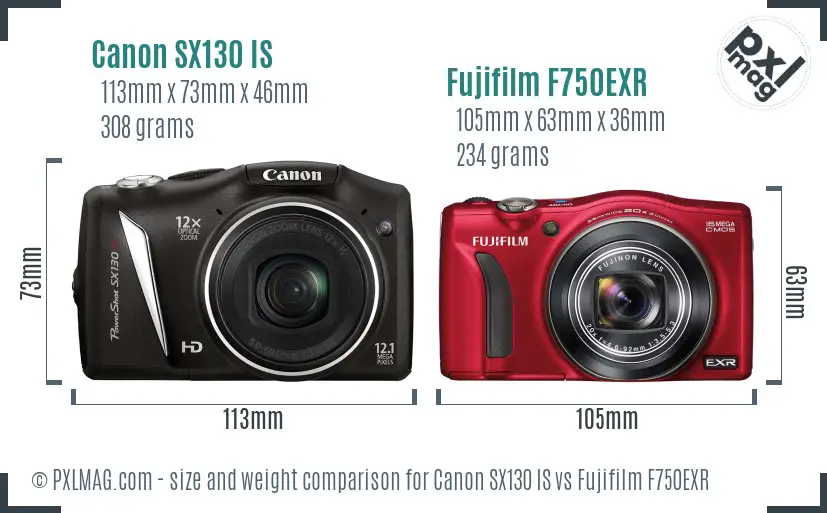 Canon SX130 IS vs Fujifilm F750EXR size comparison