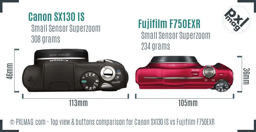 Canon SX130 IS vs Fujifilm F750EXR top view buttons comparison