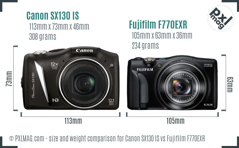 Canon SX130 IS vs Fujifilm F770EXR size comparison