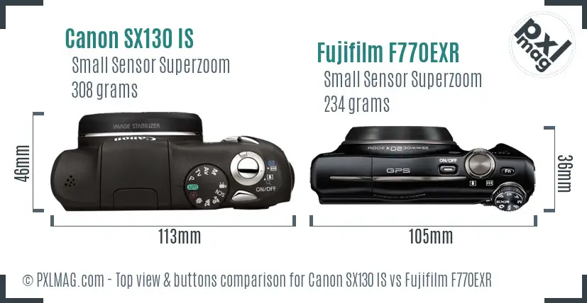 Canon SX130 IS vs Fujifilm F770EXR top view buttons comparison
