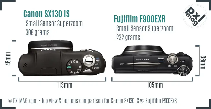 Canon SX130 IS vs Fujifilm F900EXR top view buttons comparison