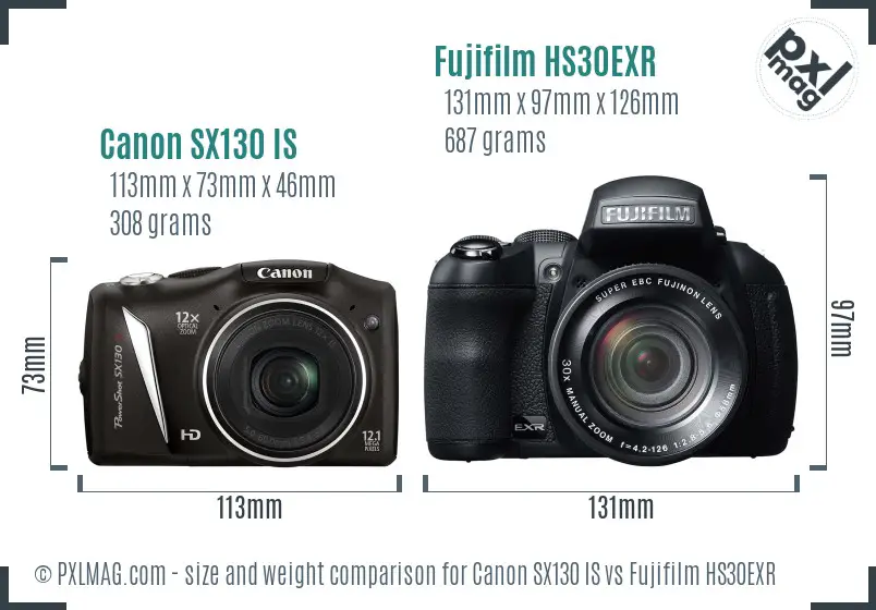 Canon SX130 IS vs Fujifilm HS30EXR size comparison
