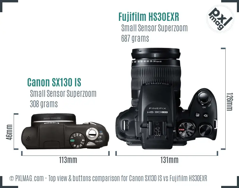 Canon SX130 IS vs Fujifilm HS30EXR top view buttons comparison