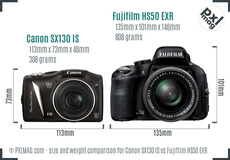 Canon SX130 IS vs Fujifilm HS50 EXR size comparison