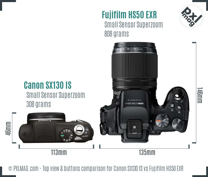 Canon SX130 IS vs Fujifilm HS50 EXR top view buttons comparison