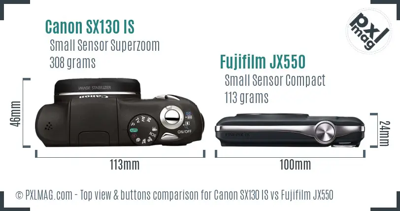 Canon SX130 IS vs Fujifilm JX550 top view buttons comparison