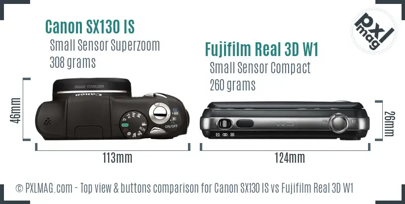 Canon SX130 IS vs Fujifilm Real 3D W1 top view buttons comparison