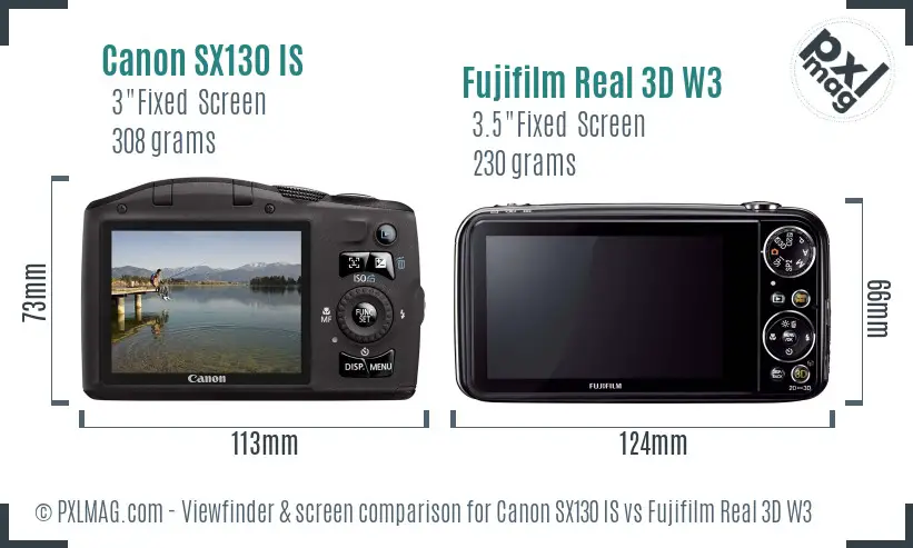 Canon SX130 IS vs Fujifilm Real 3D W3 Screen and Viewfinder comparison