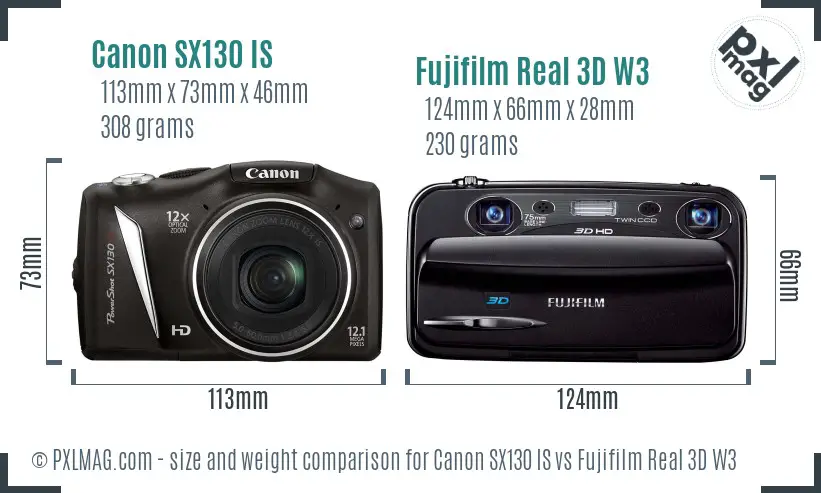 Canon SX130 IS vs Fujifilm Real 3D W3 size comparison